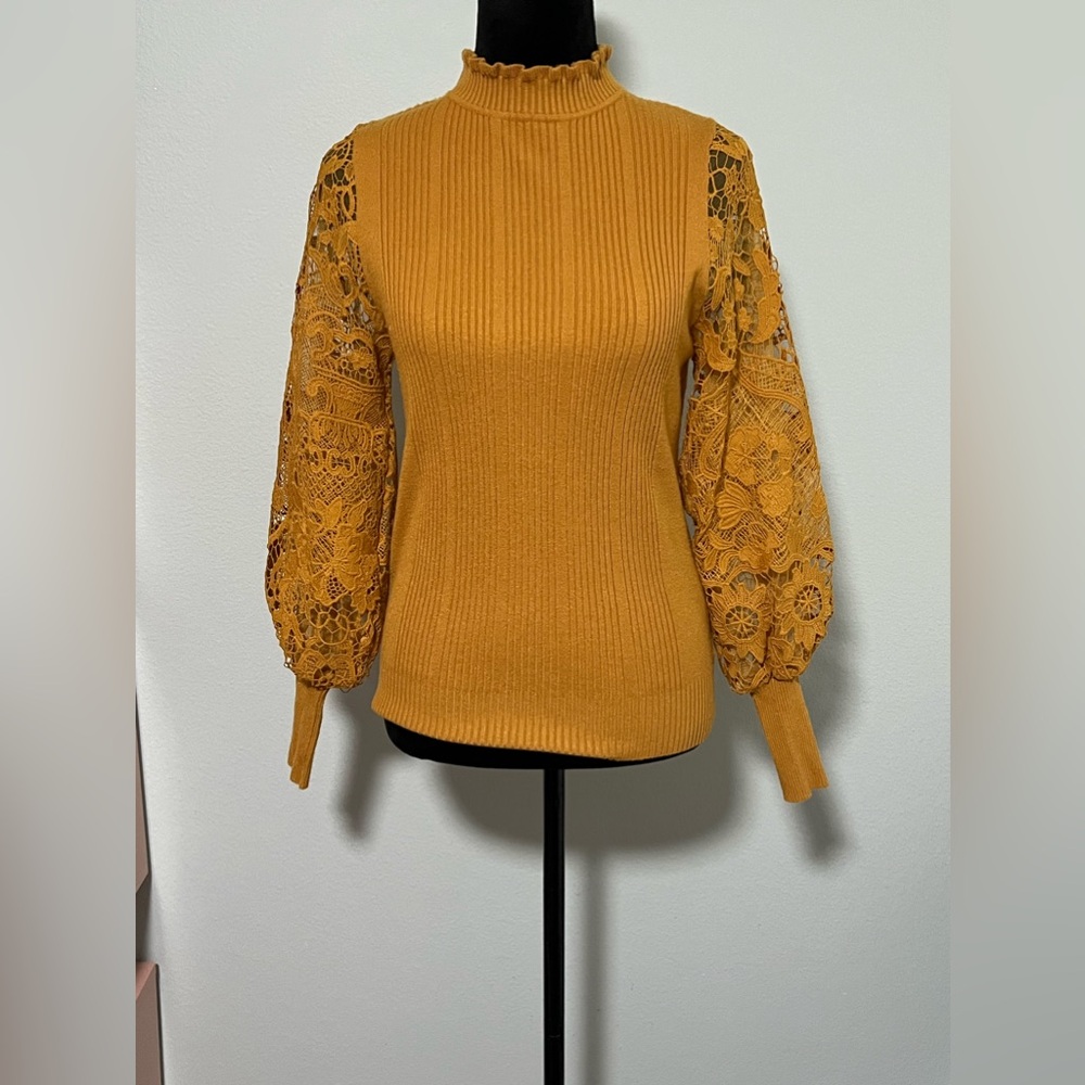 SIANI Ribbed Long Lace Sleeved Top - S